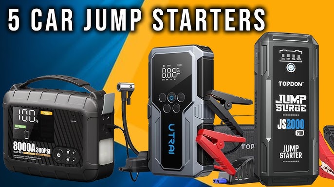 Portable jump starter being used on a car battery