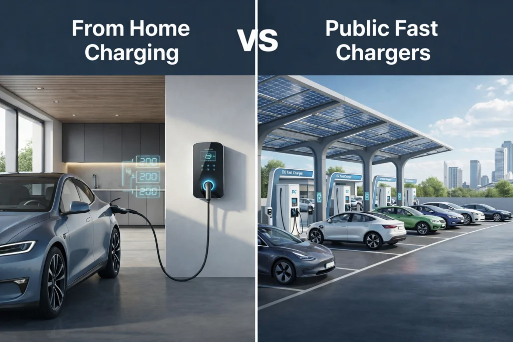 EV charging at home garage vs public charging station