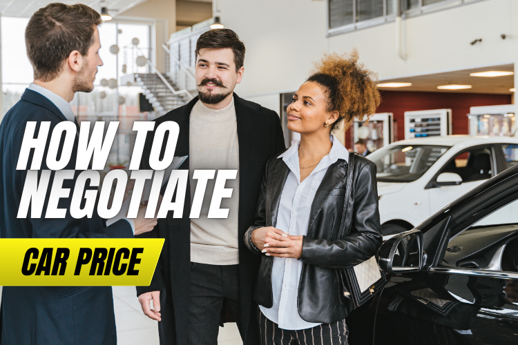 Buyer negotiating with car dealer at dealership