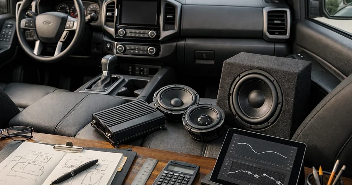 Upgraded car audio system with speakers and subwoofer