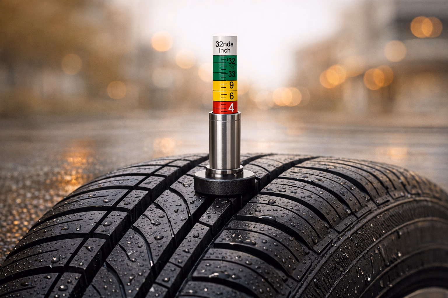 Close-up of a tire tread being checked with a coin
